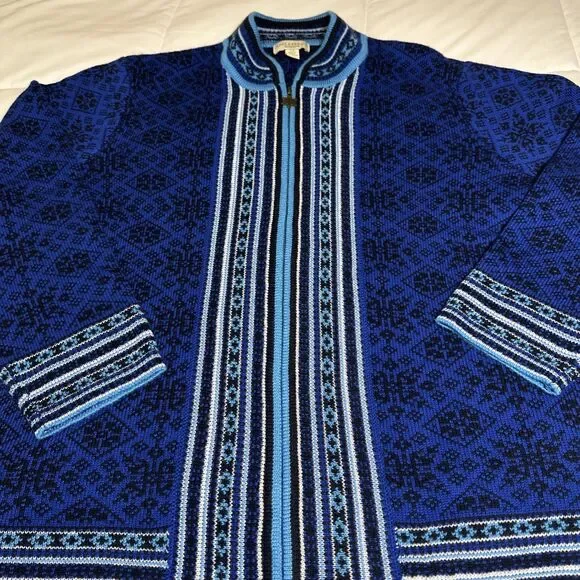 Appleseeds Cardigan Women 2XL  Royal Blue Black Fair Isle Wool Nordic Snowflake - Picture 2 of 12